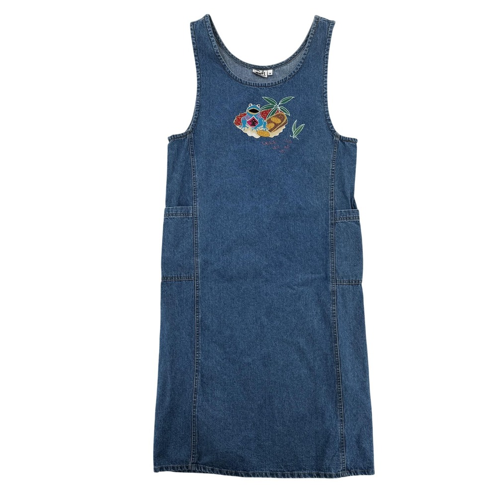 Vintage RM Hawaii Denim Jumper Dress Womens Medium Embroidered Frog Patch USA‎
